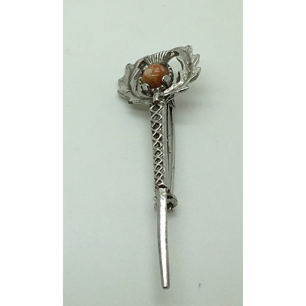 Dirk Sword Thistle  Brooch Pin Silver Tone Faux Agate   Kilt  Scottish Celtic